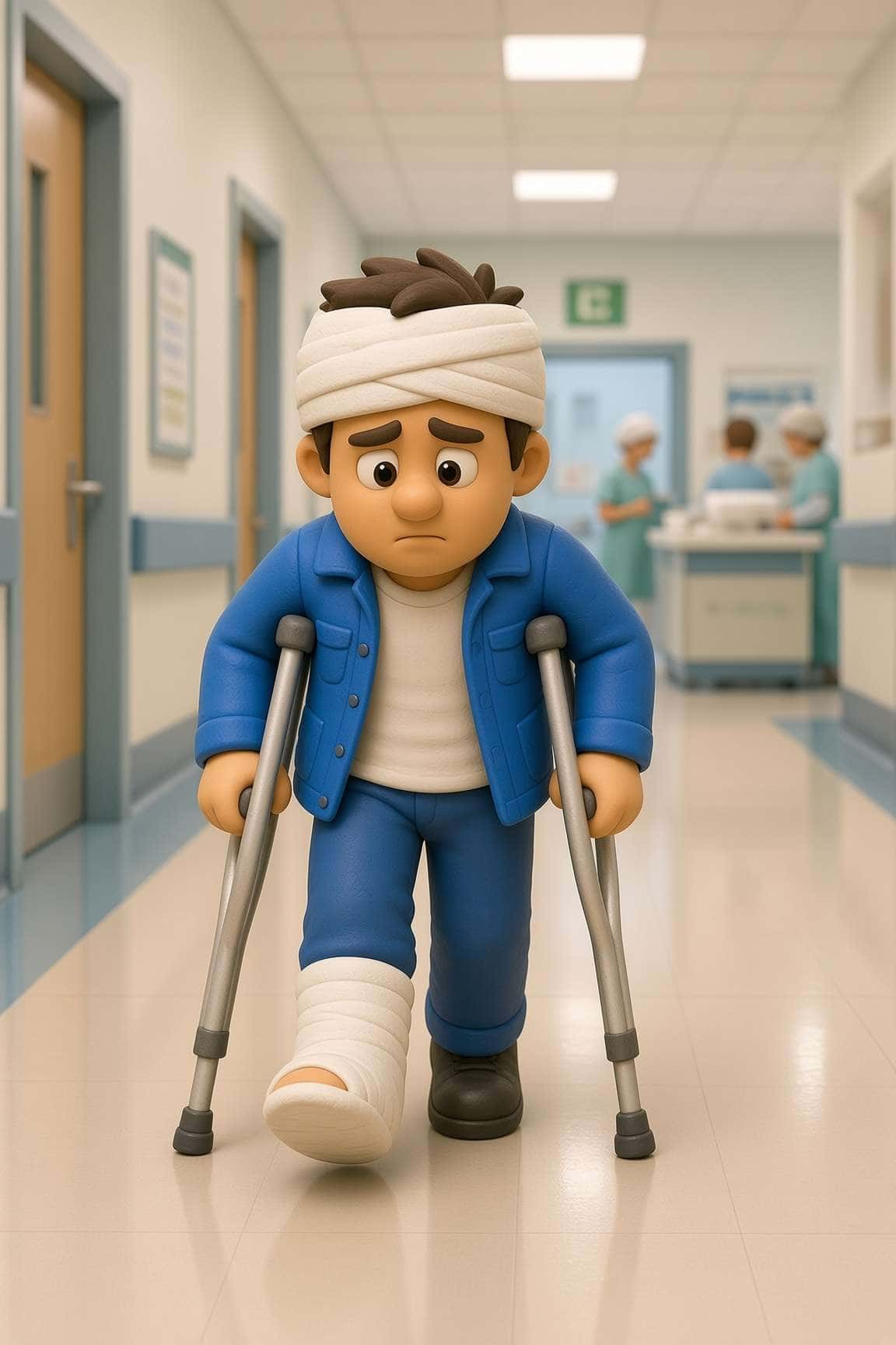 A stylized 3D clay-style man with a head bandage and a foot cast on crutches walking through a hospital hallway