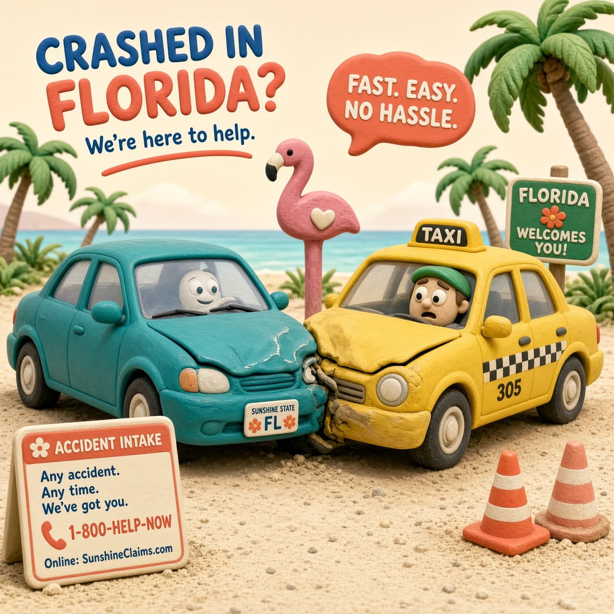 A stylized 3D clay-style blue car on a sandy roadway
