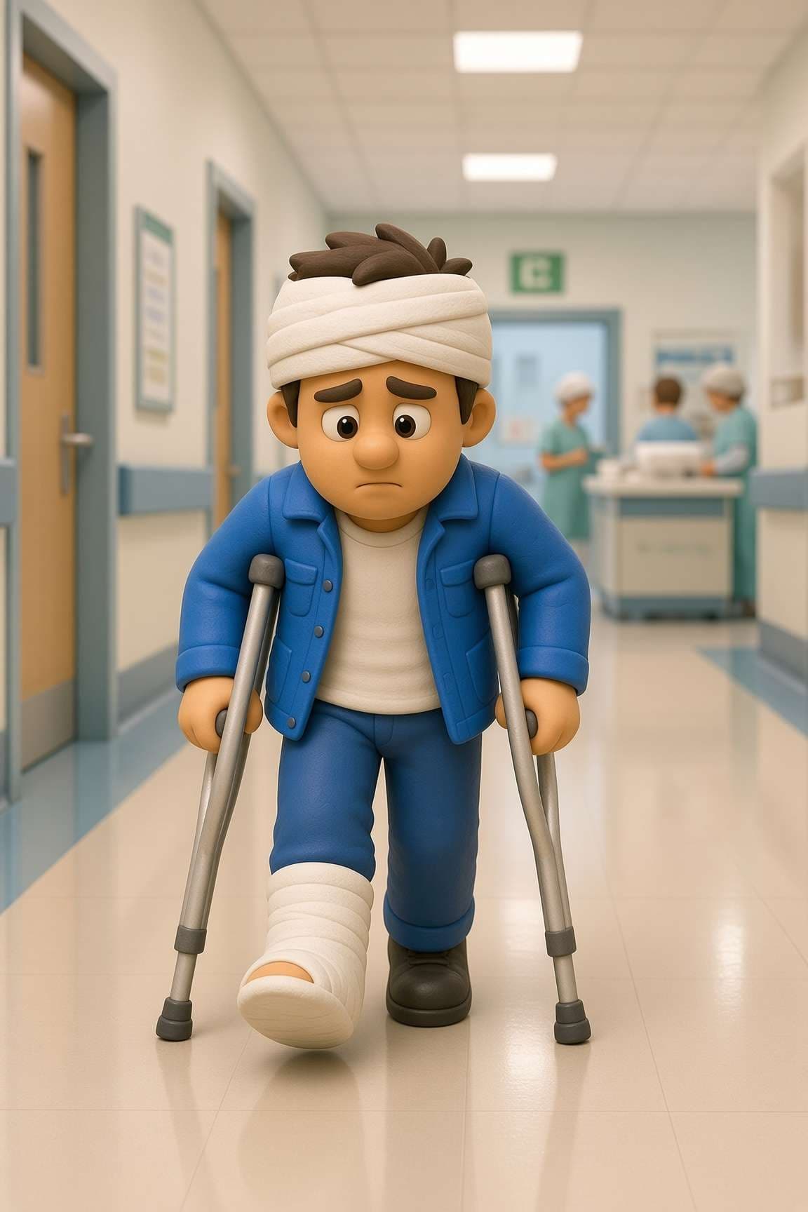 A stylized 3D clay-style man with a head bandage and a foot cast on crutches walking through a hospital hallway