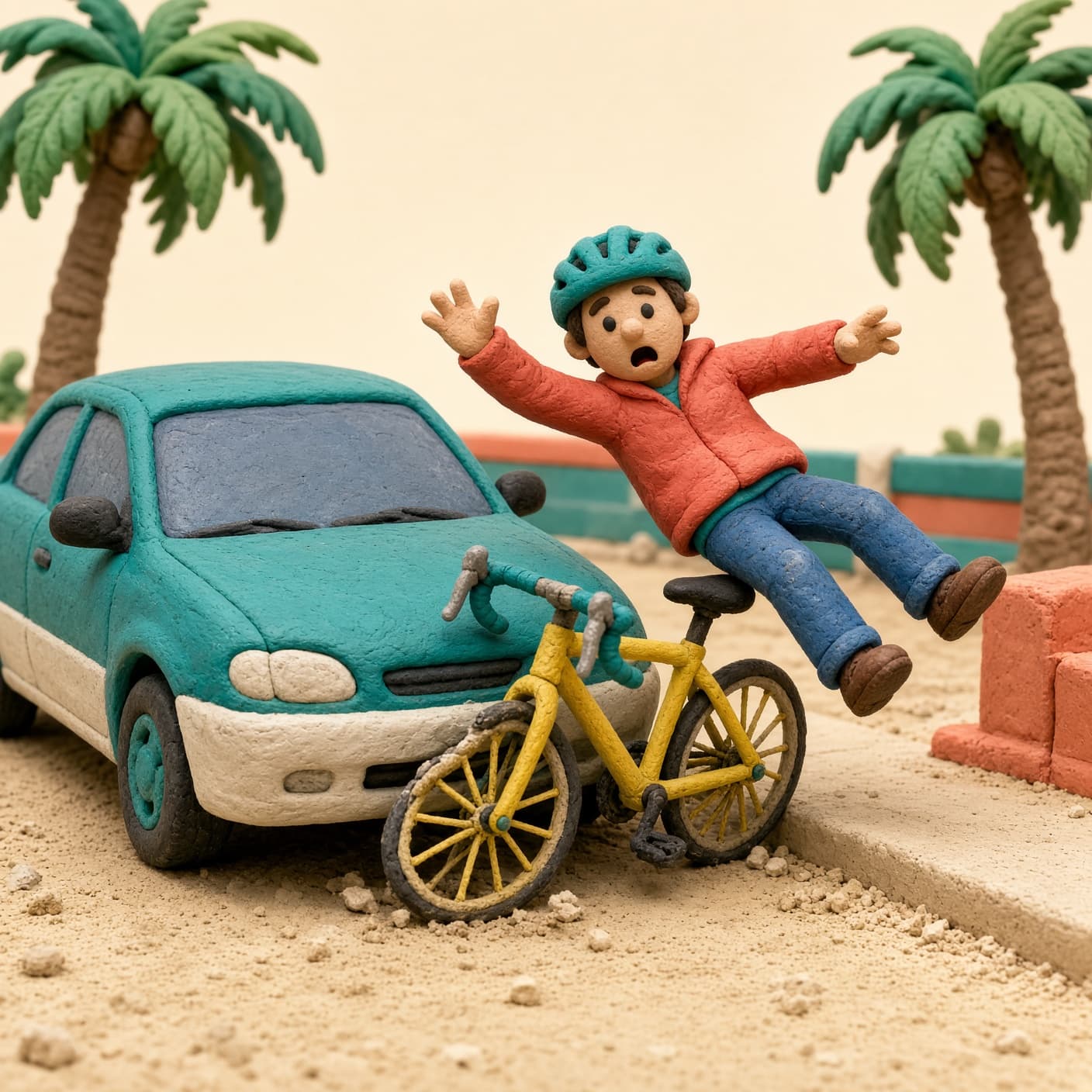 A stylized 3D clay-style cyclist on a bicycle being struck by a passenger car on a sunny Florida street