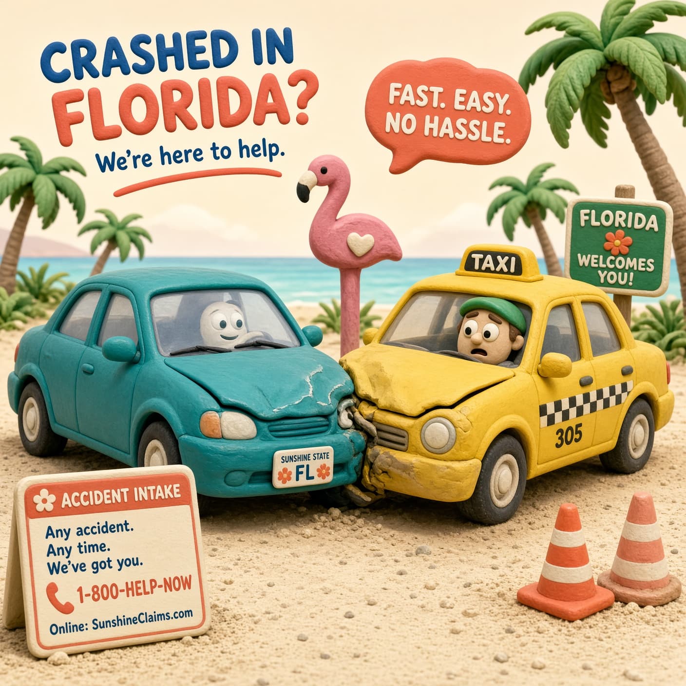A stylized 3D clay-style blue car on a sandy roadway