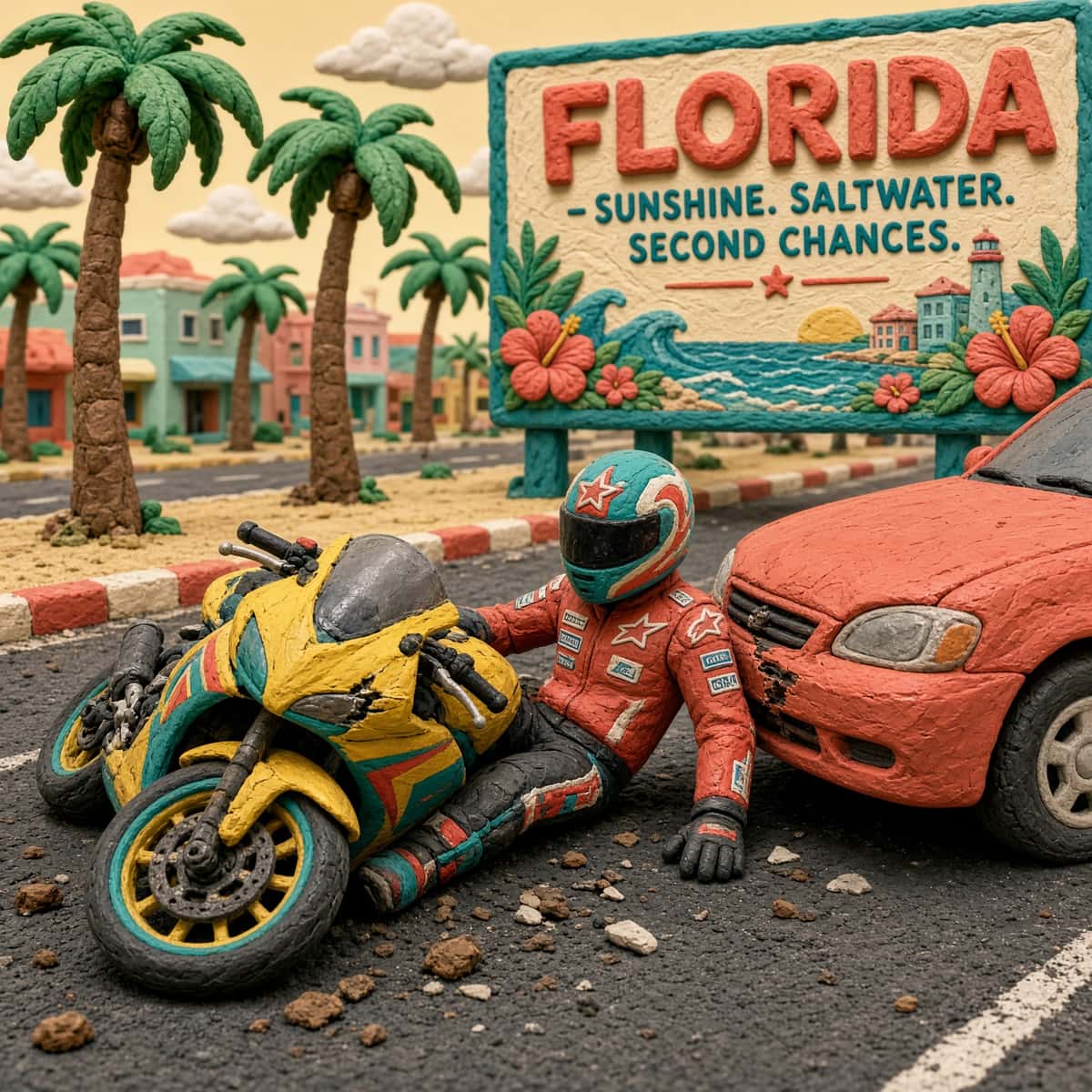 A stylized 3D clay-style sportbike rider after a crash with a passenger car on a sunny Florida street