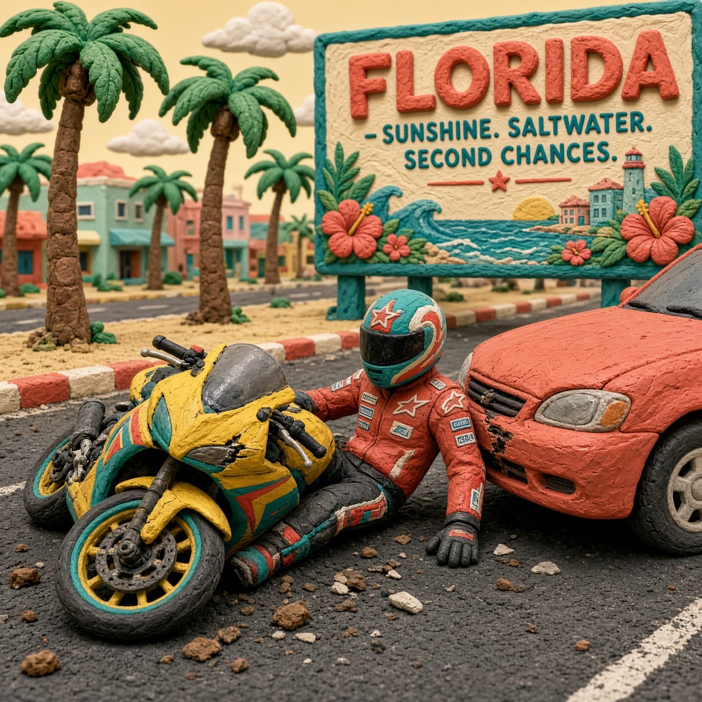 A stylized 3D clay-style sportbike rider after a crash with a passenger car on a sunny Florida street