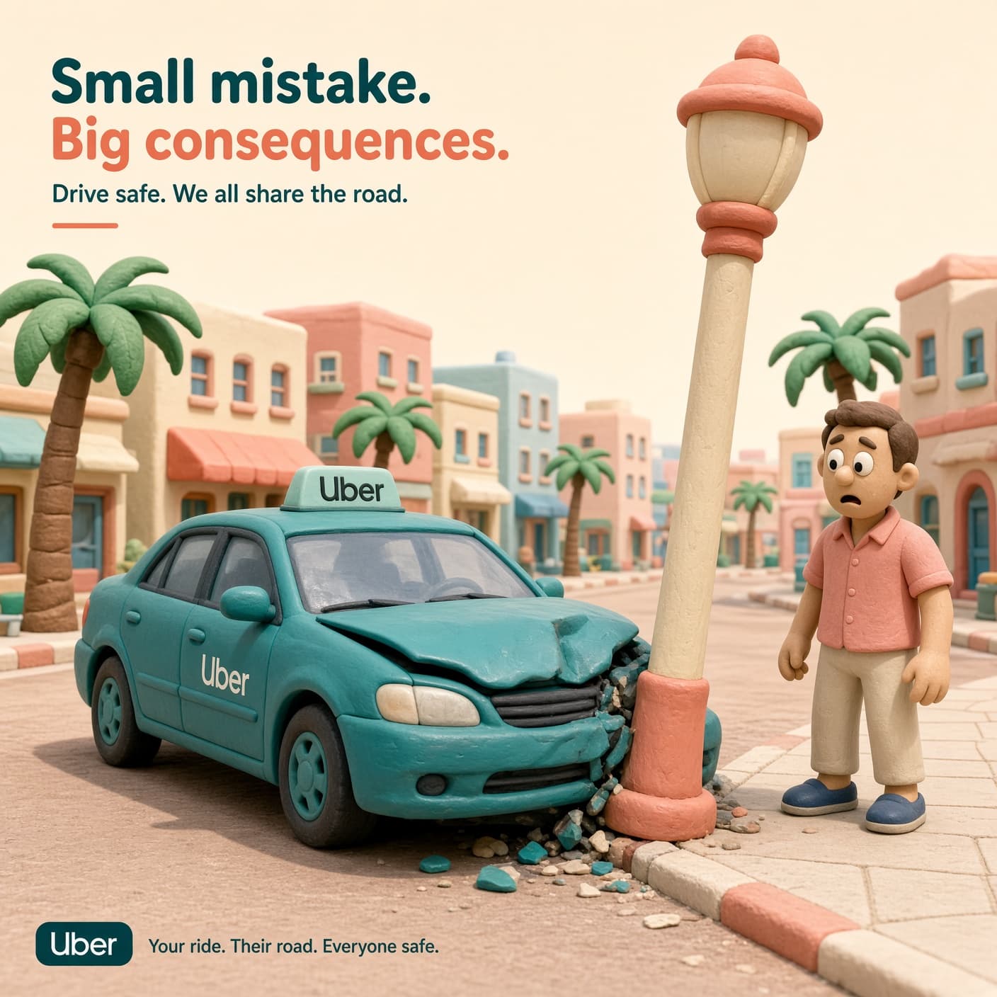 A stylized 3D clay-style blue Uber sedan has struck a lamppost on a city street, with a pedestrian and a crow reacting on the sidewalk