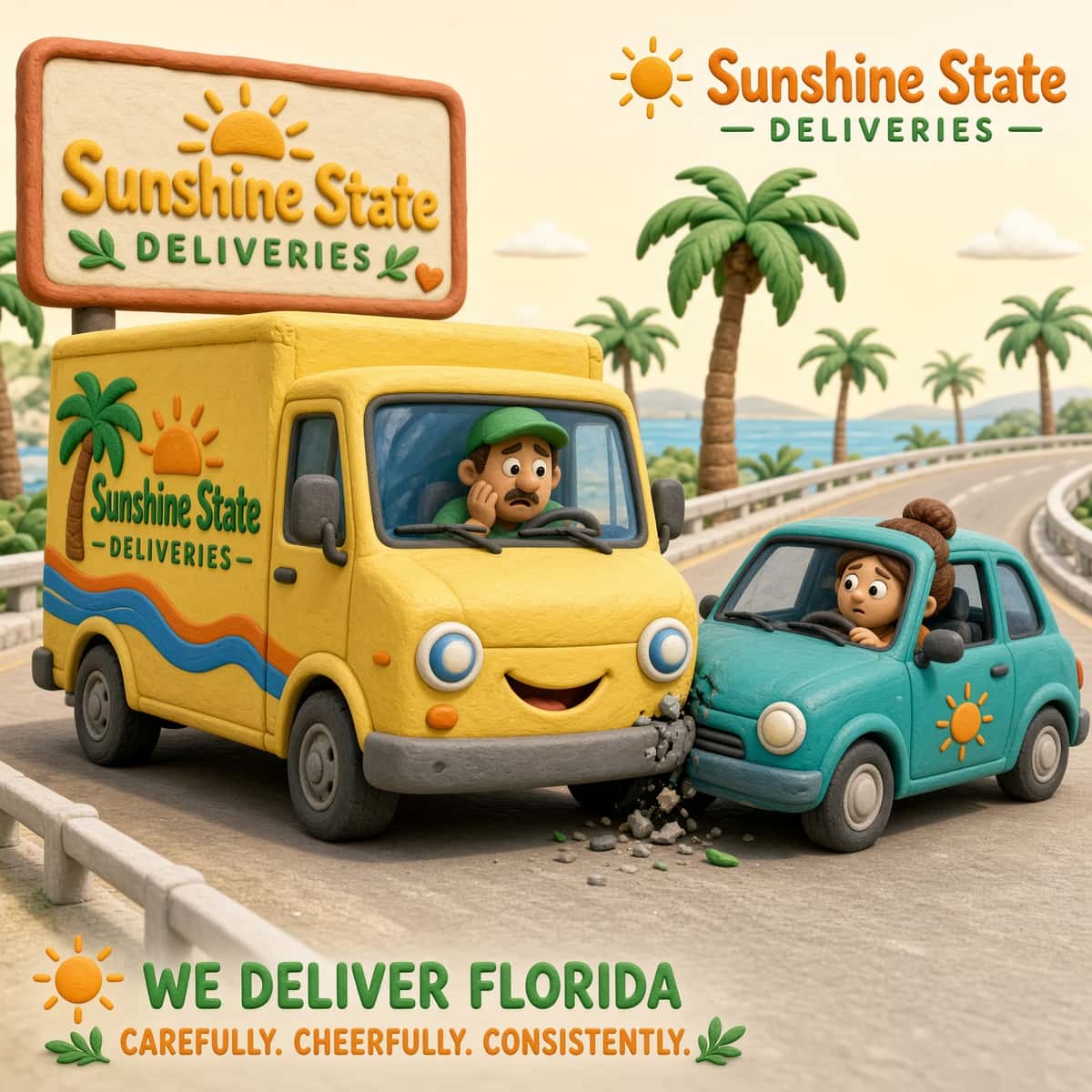 A stylized 3D clay-style blue passenger car has collided with a yellow delivery truck on a sandy roadway