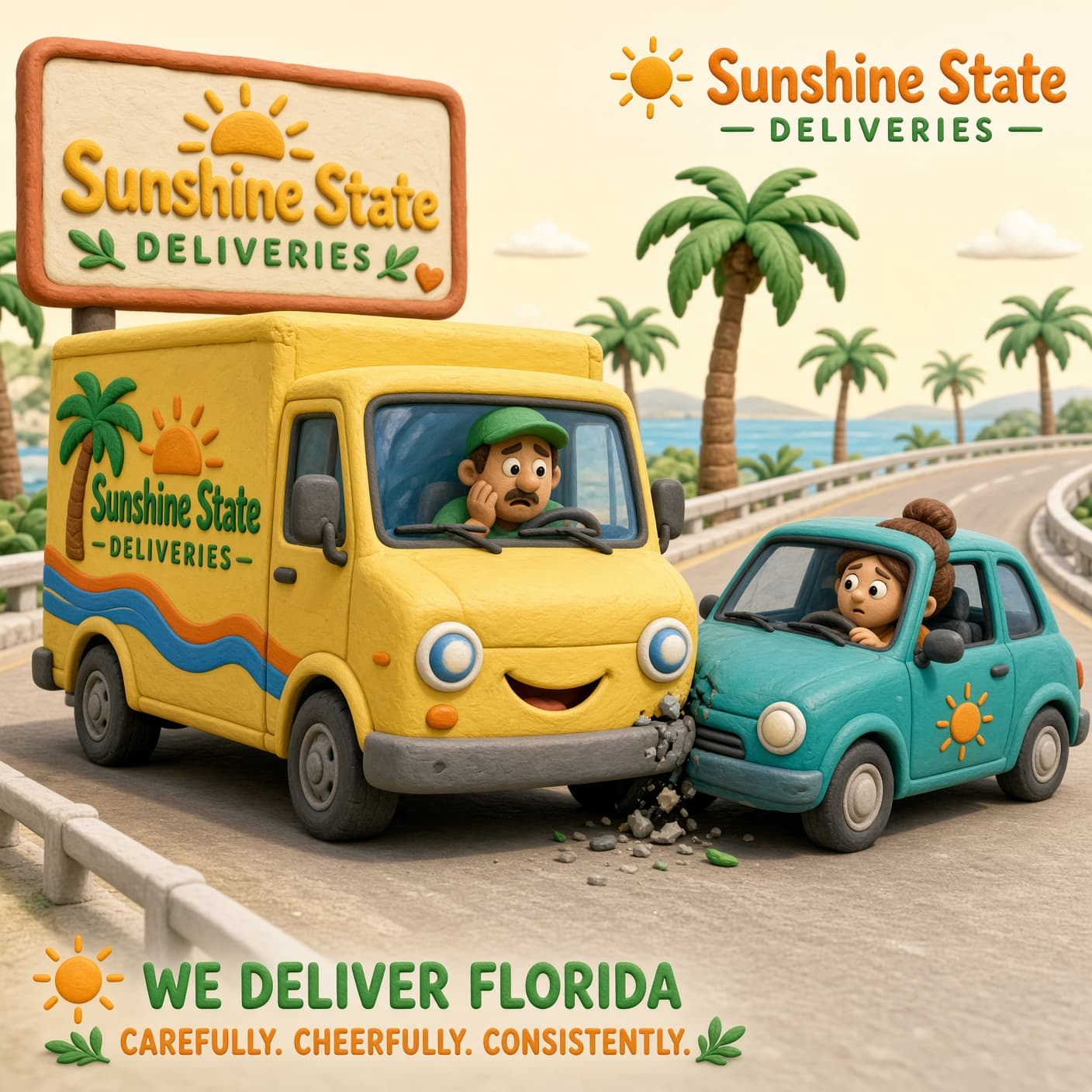 A stylized 3D clay-style blue passenger car has collided with a yellow delivery truck on a sandy roadway